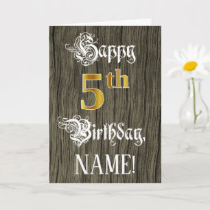 Tarjeta 5.º Cumpleaños: Faux Gold Look + Faux Wood Pattern
