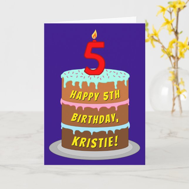 Tarjeta 5.º cumpleaños: Pastel de diversión y velas + nomb (flor amarilla)