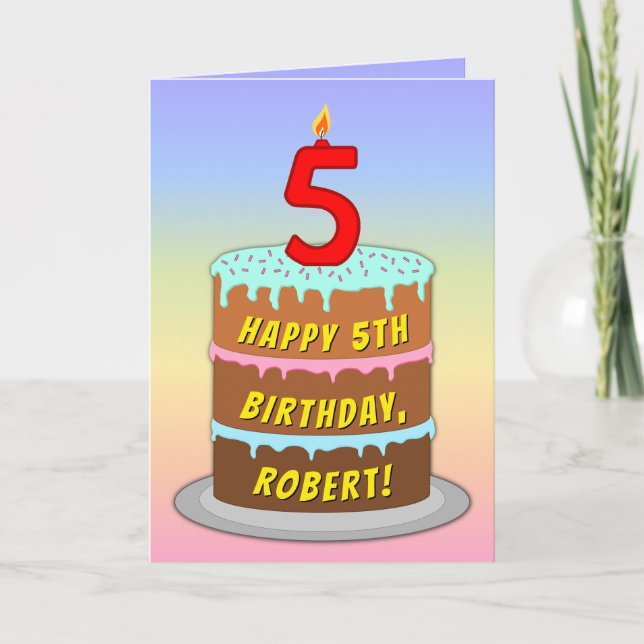 Tarjeta 5.º Cumpleaños — Pastel y Vela Divertidos, Con Nom (Anverso)