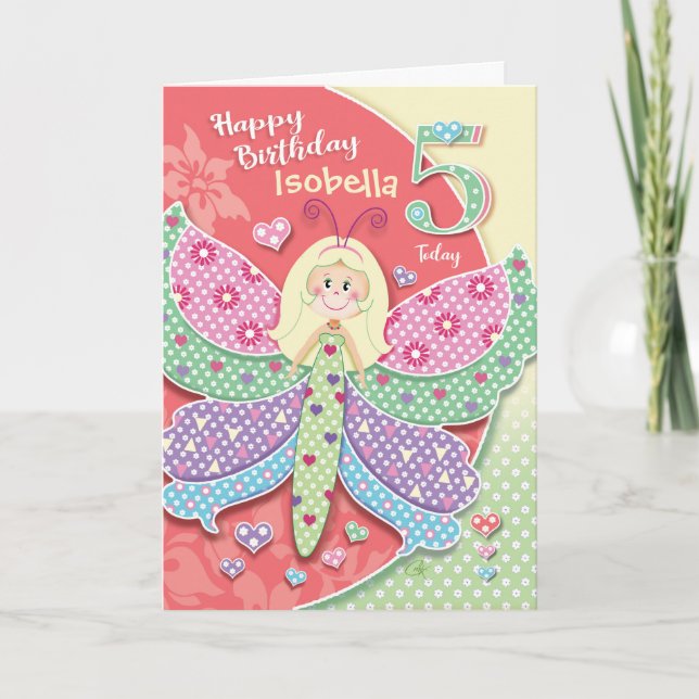Tarjeta 5.º cumpleaños, pequeño, lindo Chica de mariposas (Anverso)