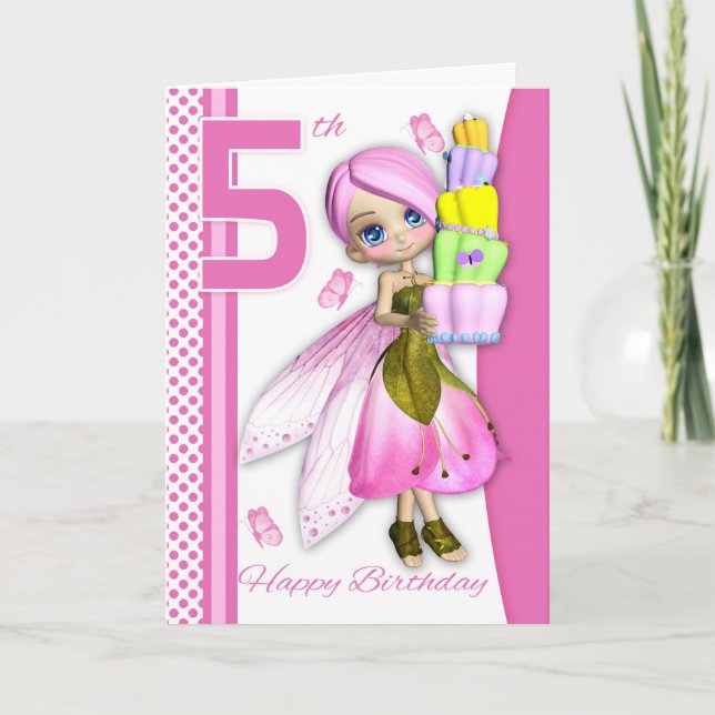 Tarjeta 5.º cumpleaños Tipsy Cake Fantasy Fairy Cutie Pie (Anverso)