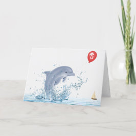 Tarjeta 5.º delfín de cumpleaños con globo rojo