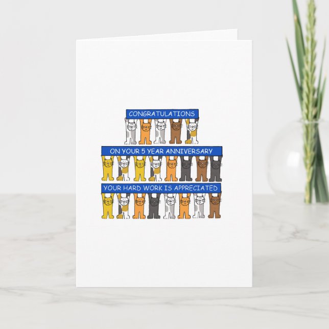 Tarjeta 5 años de trabajo Aniversario felicitaciones gatos (Anverso)