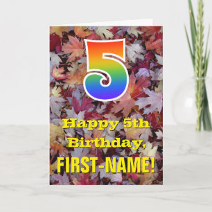 Tarjeta 5 cumpleaños; hojas de otoño rústicas; arco iris 5