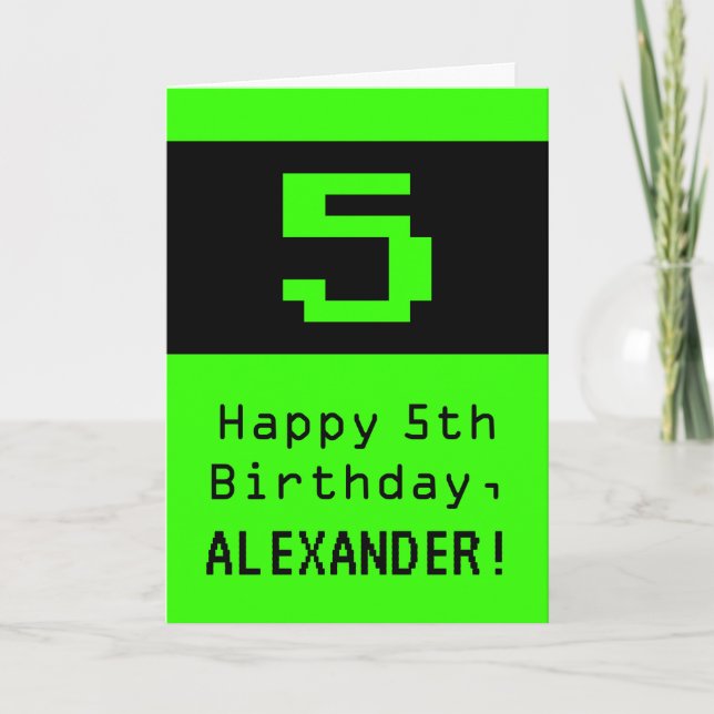 Tarjeta 5 cumpleaños: Nerdy / Geeky Style "5" y nombre (Anverso)