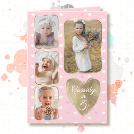 Tarjeta 5th Birthday 4 Picture Collage Gold Pink Hearts