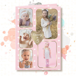 Tarjeta 5th Birthday 5 Picture Collage Gold Pink Hearts