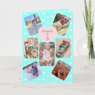 Tarjeta 5th Birthday 7 Picture Collage Teal Pink Hearts