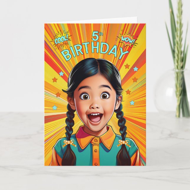 Tarjeta 5th Birthday Asian American Girl Pop Art Style (Anverso)