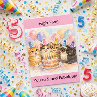 Tarjeta 5th Birthday Girl Age 5 Watercolor Cute Cat Party