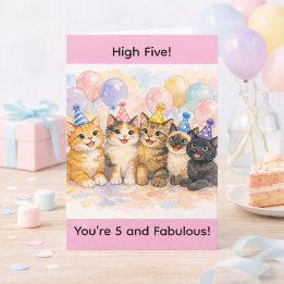 Tarjeta 5th Birthday Girl Age 5 Watercolor Cute Cat Party