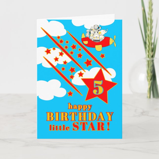 Tarjeta 5th Birthday Little Star Cute Animals in a Plane (Anverso)