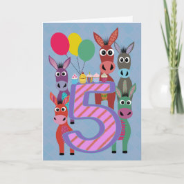 Tarjeta 5th Birthday with Five Donkeys and Cupcakes