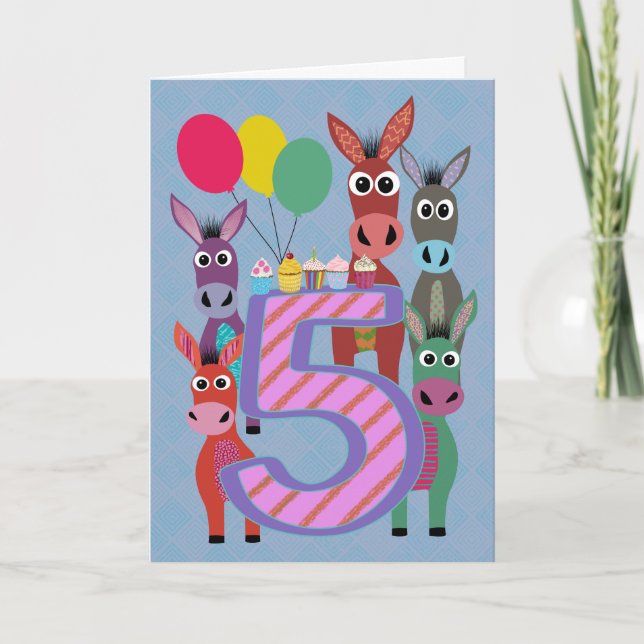 Tarjeta 5th Birthday with Five Donkeys and Cupcakes (Anverso)