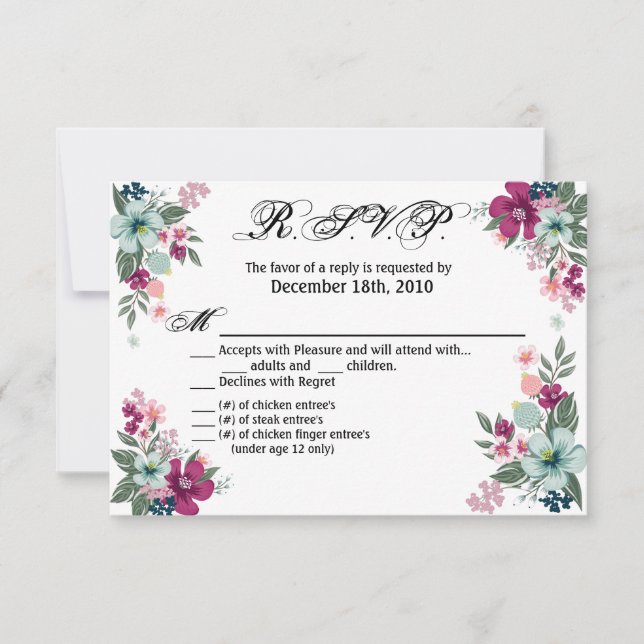 Tarjeta 5x3.5 R.S.V.P. Flores tropicales en blanco (Anverso)