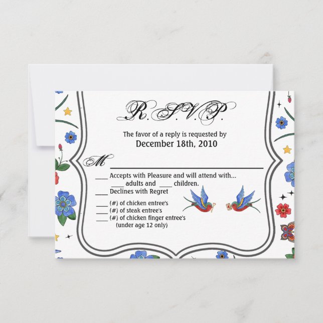 Tarjeta 5x3.5 R.S.V.P Tatuaje tradicional de pájar (Anverso)