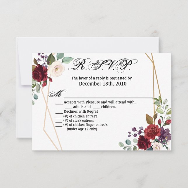 Tarjeta 5x3.5 R.S.V.P XMAS White Roses Gold Geomet (Anverso)