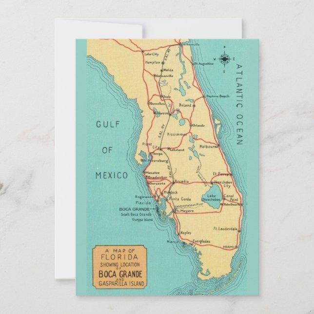 Tarjeta 5x7  Boca Grande Useppa Island Florida Map  (Anverso)