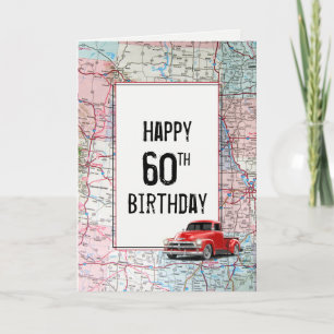 Tarjeta 60.º Camión Retro Rojo de Cumpleaños en Mapa