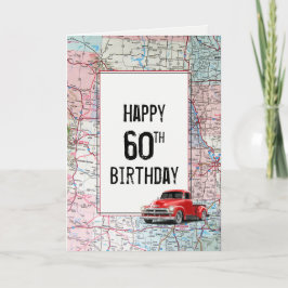 Tarjeta 60.º Camión Retro Rojo de Cumpleaños en Mapa