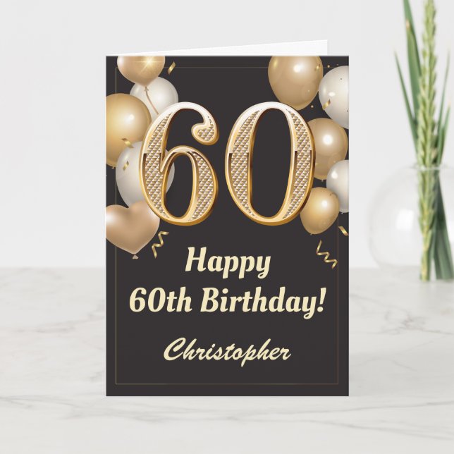 Tarjeta 60.º Confetti de los Globos de Oro y Negro (Anverso)