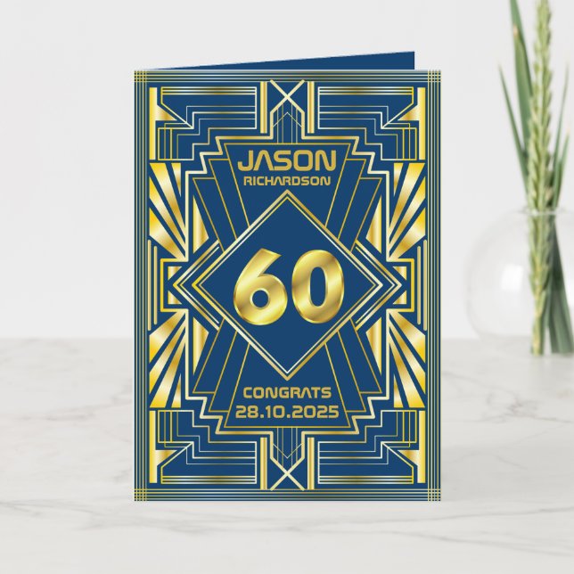 Tarjeta 60.º cumpleaños Art Deco Oro Azul Gran Gatsby (Anverso)