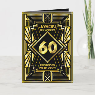 Tarjeta 60.º cumpleaños Art Deco Oro Gran Gatsby Negro