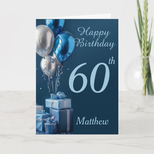 Tarjeta 60.º Cumpleaños Globos Azules Y Regalos (Anverso)