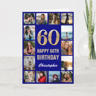 Tarjeta 60.º feliz cumpleaños Collage de fotos azul y oro