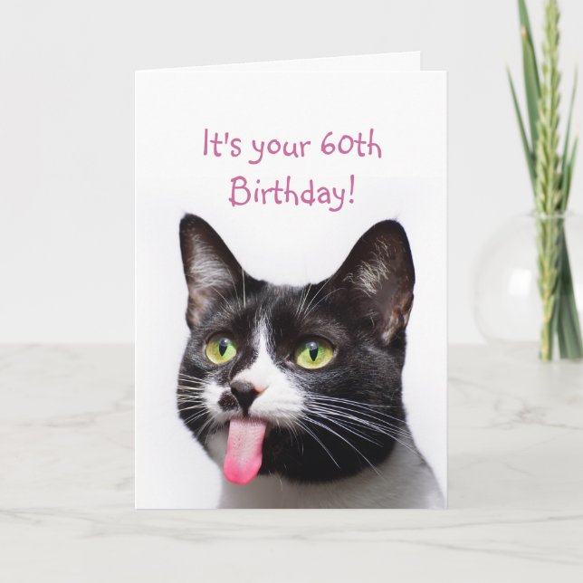 Tarjeta 60.º gato de cumpleaños sacando el humor gracioso  (Anverso)