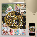 Tarjeta 60.º leopardo de cumpleaños Imprimir foto de globo<br><div class="desc">Tarjeta de cumpleaños 60 personalizada con 9 fotos personalizados y globos de Relieve metalizado de leopardo de moda en negro y oro. La plantilla está lista para que subas 9 de tus fotos favoritas que se muestran en un collage de fotos en formato cuadrado y vertical. Las fotografías rodean los...</div>