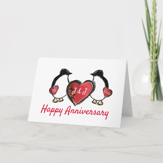 Tarjeta 60.º pingüino de aniversario de boda de perlas (Anverso)