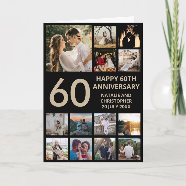 Tarjeta 60° aniversario 13 Collage de fotos negro y oro (Anverso)