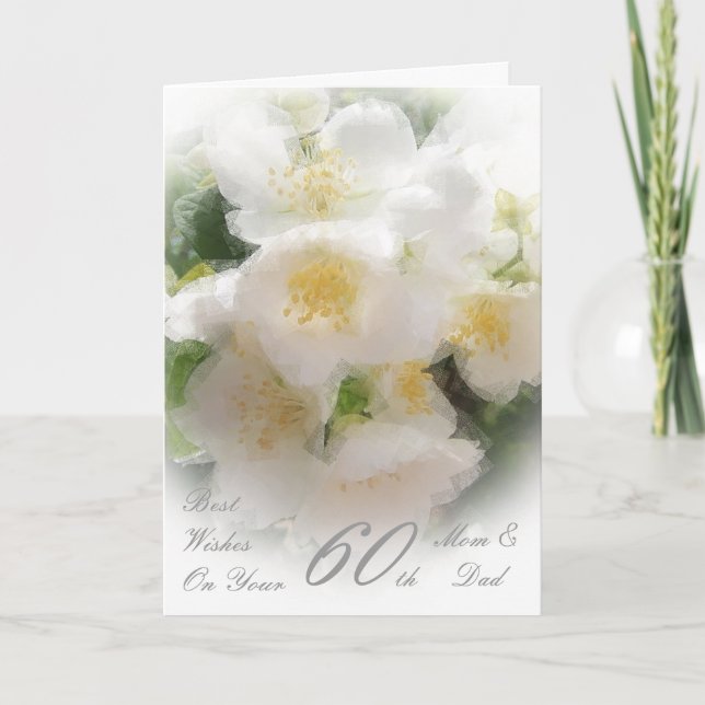 Tarjeta 60° Aniversario Boda Flores Blancas Mamá y Papá (Anverso)