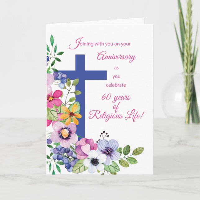 Tarjeta 60° aniversario, monja, cruz de vida religiosa y h (Anverso)