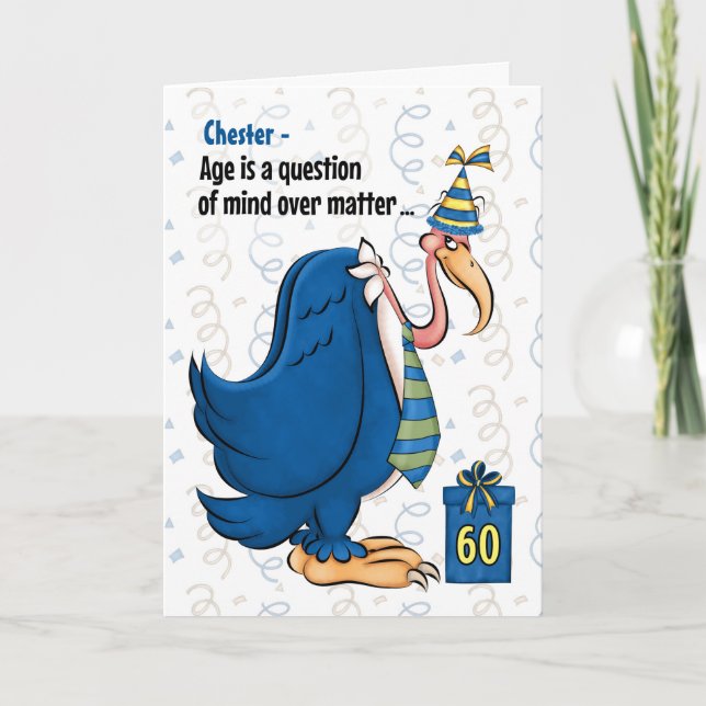 Tarjeta 60 cumpleaños azul Buzzard con nombre (Anverso)