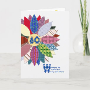 Tarjeta 60° cumpleaños para la hermana, flor cosida