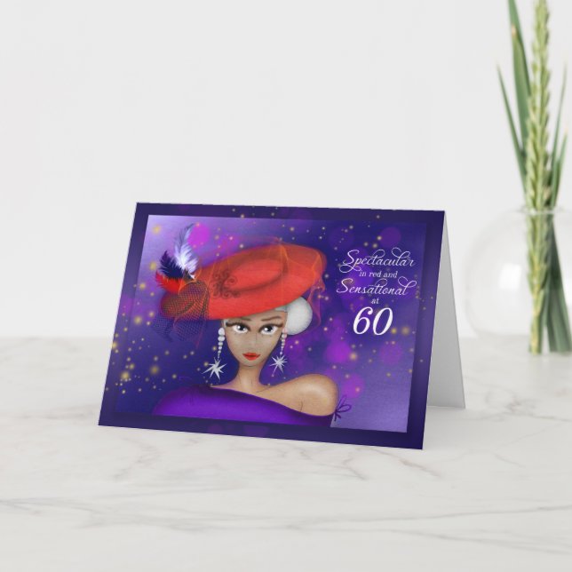 Tarjeta 60 Sensacional en el cumpleaños rojo y púrpura (Anverso)