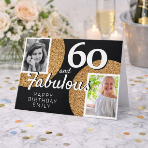 Tarjeta 60 y Fabuloso Brillo Dorado 2 Fotos Cumpleaños 60