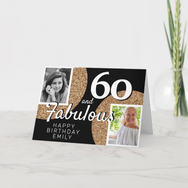 Tarjeta 60 y Fabulous Gold Purpurina 2 Photo 60th Birthday (Anverso)