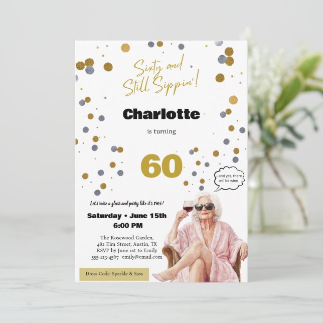 Tarjeta 60th Birthday Invitation • Funny Wine Party (Anverso de pie)