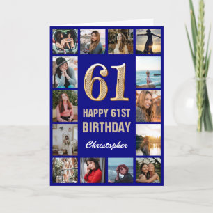 Tarjeta 61.ª feliz cumpleaños Collage de fotos azul y oro 