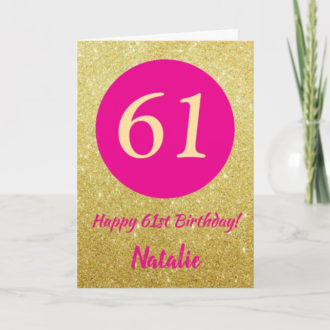 Tarjeta 61.ª feliz cumpleaños Purpurina de oro y rosado ca (Anverso)