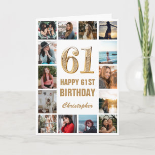 Tarjeta 61.º Collage de fotos blanco y oro feliz cumpleaño