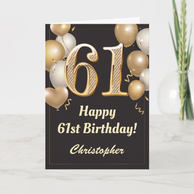 Tarjeta 61.º Confetti de Globos de Oro y Negro (Anverso)