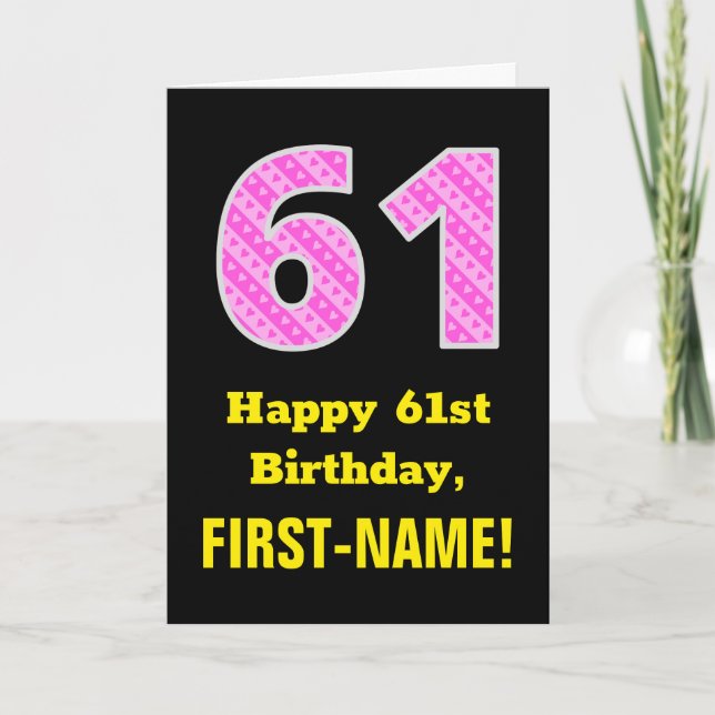 Tarjeta 61 Aniversario: Bandas y corazones rosados "61" +  (Anverso)
