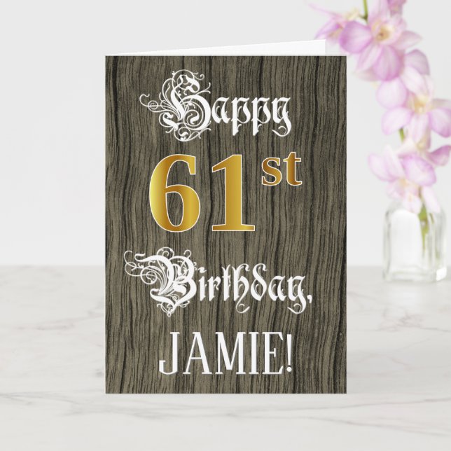 Tarjeta 61 Aniversario: Faux Gold Look + Faux Wood Pattern (Orquídea)