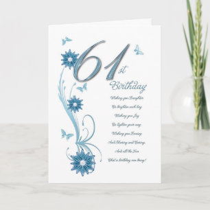 Tarjeta 61 años en verde azulado de flores y mariposa