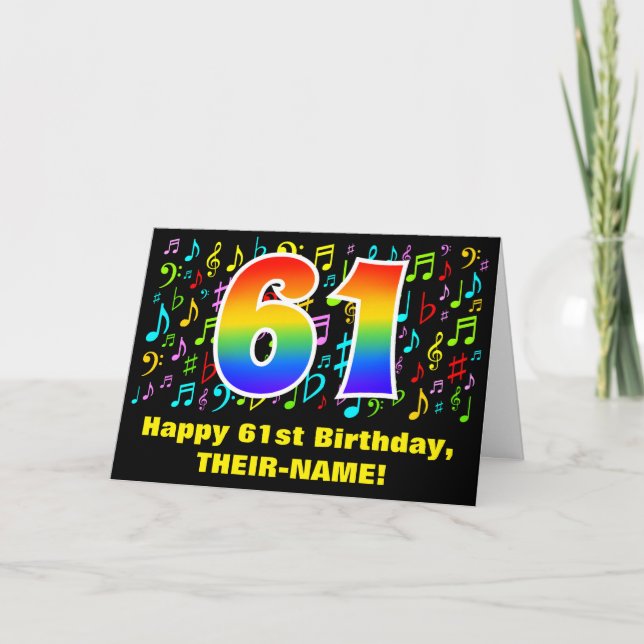 Tarjeta 61° cumpleaños: Coloridos símbolos musicales y arc (Anverso)