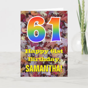 Tarjeta 61° cumpleaños; hojas de otoño rusticas; arco iris